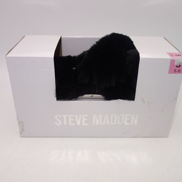 NEW Steve Madden Faux Fur Fuzzy Criss Cross Slip On Slippers Women's 5-6 BLACK - Picture 4 of 9